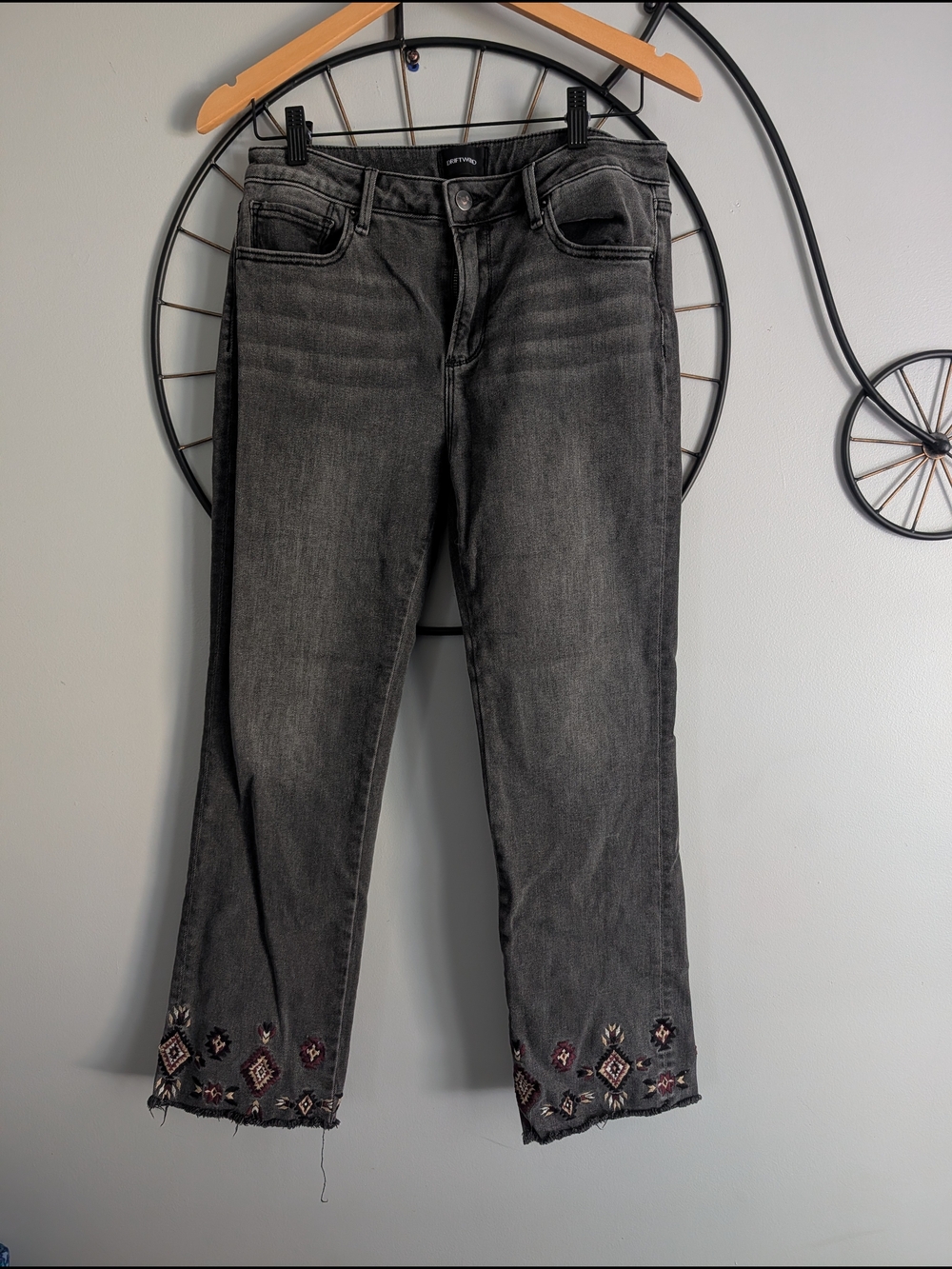 DRIFTWOOD Black Straight Leg Jeans with Embroidered Hem W30 L26